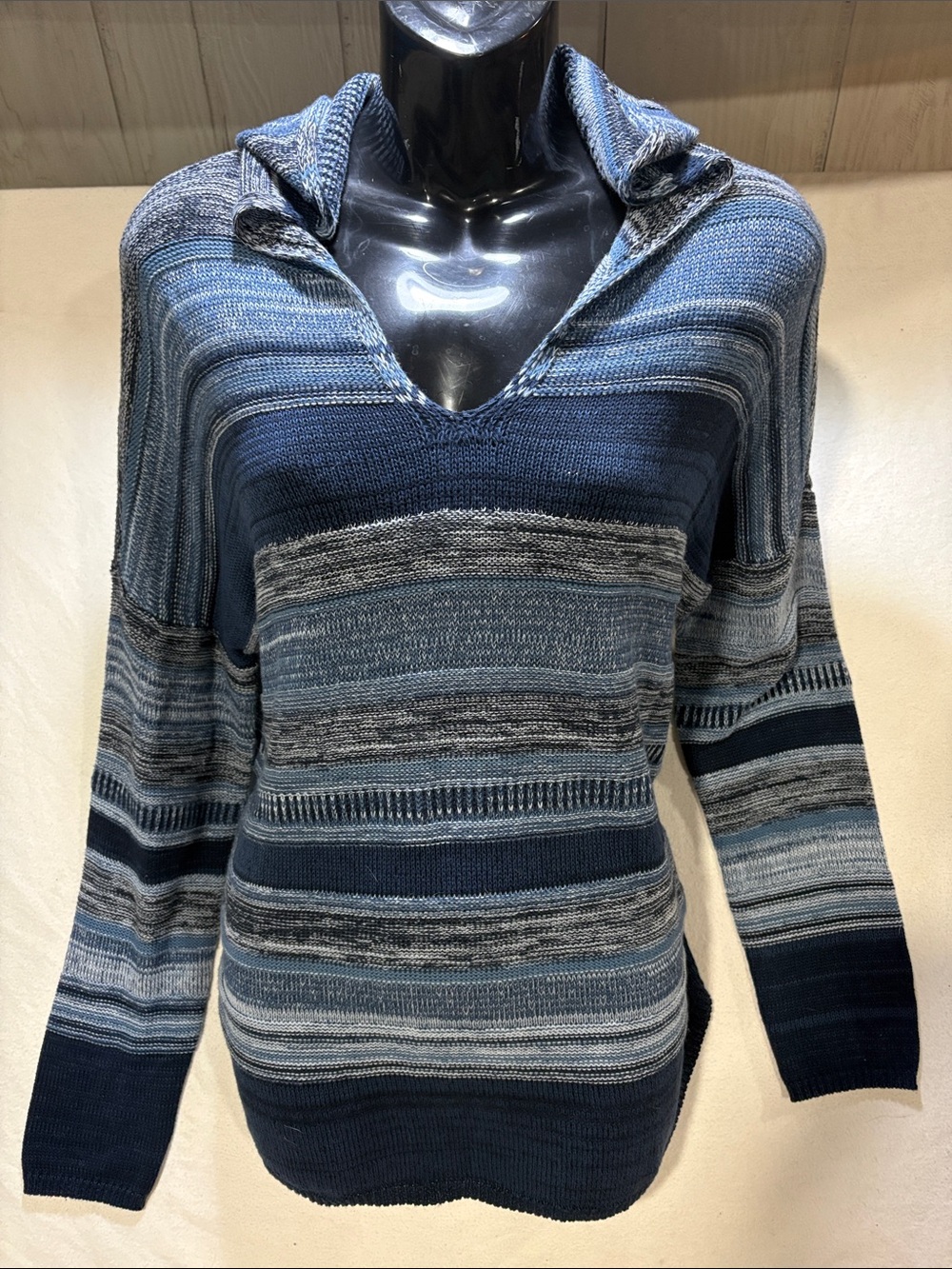 Tribal Jeans Blue Multi Stripe Hooded V Neck Knit Pullover Sweater Size M [1]
